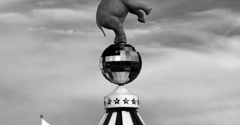 Art Themes - Black and white statue of elephant standing on hind legs on glitter ball placed on circus big top on overcast day